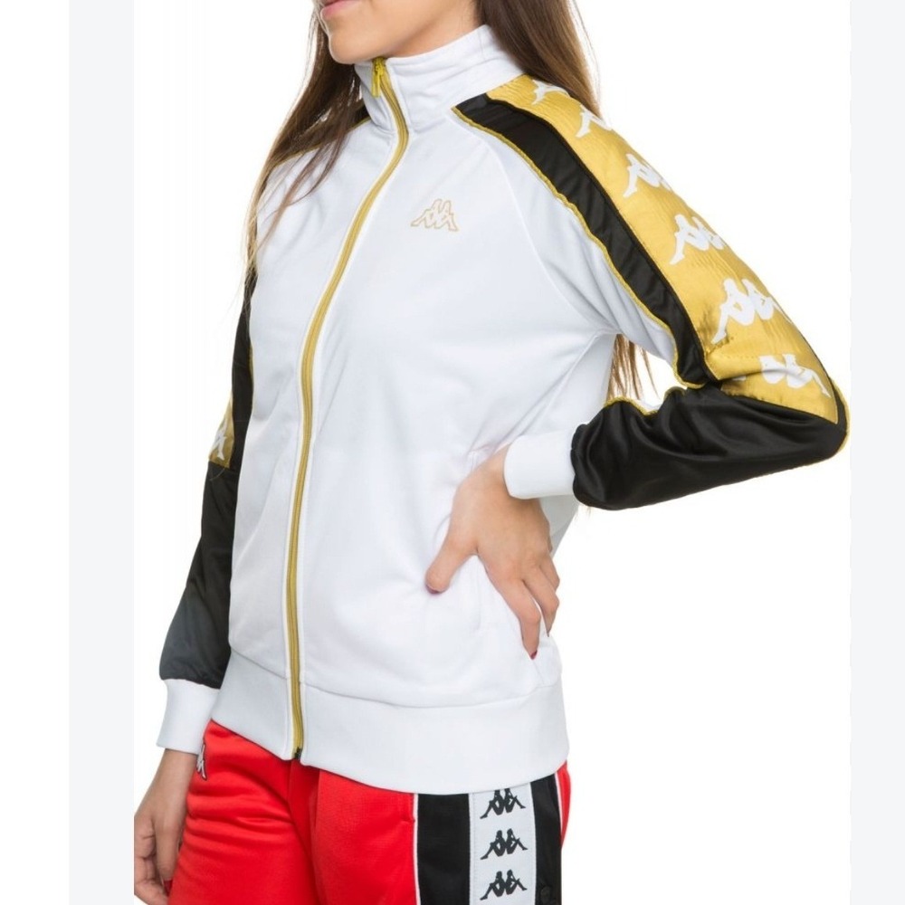 Kappa 222 Banda Track Jacket Womens M Omini Logo Tape White Gold Black Full Zip